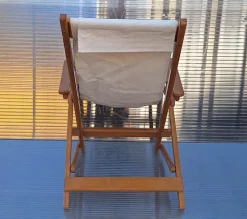 Pamono Vintage Foldable Deckchair in Light Mango Wood with Linen Cover from Camel, 1980s><noscript><img width=