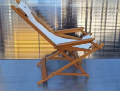 Pamono Vintage Foldable Deckchair in Light Mango Wood with Linen Cover from Camel, 1980s><noscript><img width=