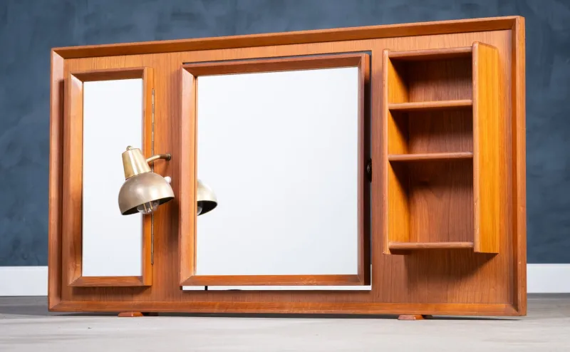 Outlet Pamono Vintage Freestanding Teak Mirror with Lamp, 1960s