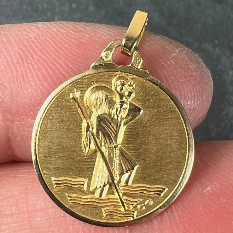 Clearance Pamono Vintage French 18 Karat Yellow Gold Saint Christopher Charm Pendant Medal, 1950s