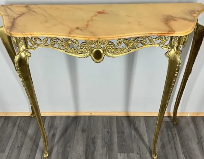 Pamono Vintage French Brass Console Table with Marble Top and Mirror, Set of 2> Console Tables