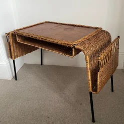 Pamono Vintage French Cane and Black Wrought Iron Desk with Storage Baskets, 1960s><noscript><img width=