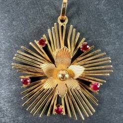 Best Pamono Vintage French Flower Sunburst 18 Karat Yellow Gold and Ruby Pendant Necklace, 1950s