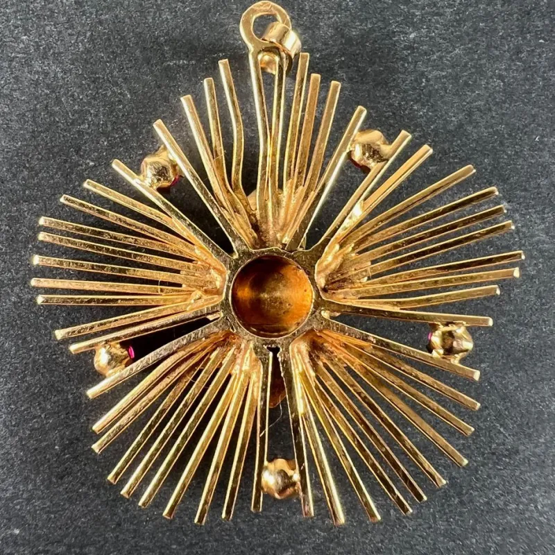Best Pamono Vintage French Flower Sunburst 18 Karat Yellow Gold and Ruby Pendant Necklace, 1950s