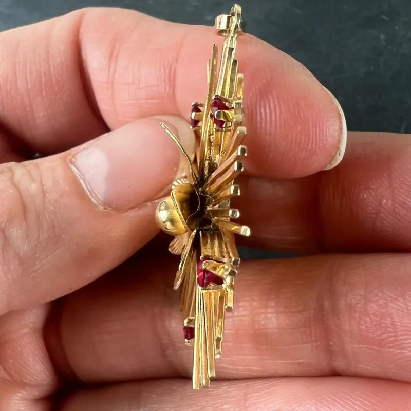 Best Pamono Vintage French Flower Sunburst 18 Karat Yellow Gold and Ruby Pendant Necklace, 1950s