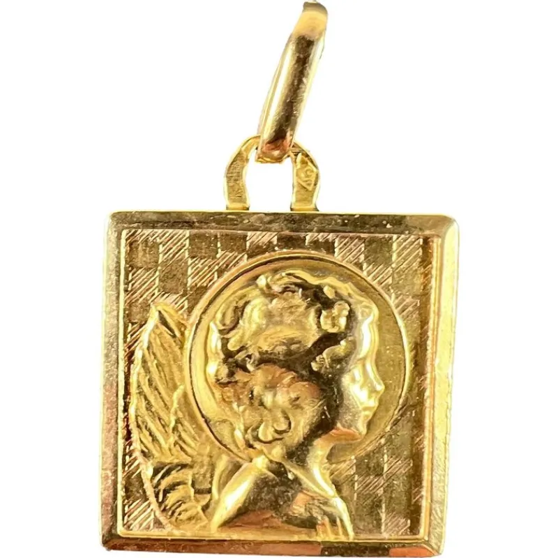 Pamono Vintage French 18k Yellow Gold Square Medal Pendant, 1950s> Necklaces