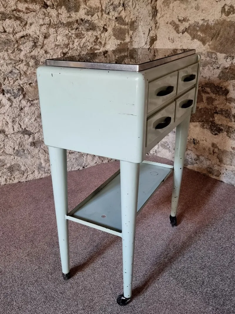 Pamono Vintage French Medical Instrument Table Metal Cabinet with Glass Top, 1960s> Worktables & Workbenches