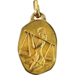 New Pamono Vintage French Perroud Libra Zodiac 18k Yellow Gold Medal Pendant, 1960s