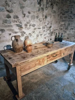 Pamono Vintage French Pine Work Table with Drawer and Castors, 1930s> Worktables & Workbenches