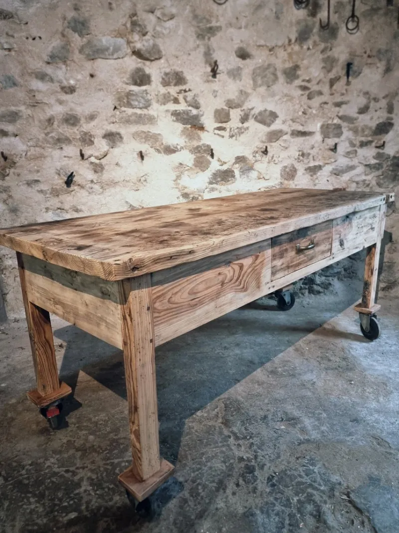 Pamono Vintage French Pine Work Table with Drawer and Castors, 1930s> Worktables & Workbenches