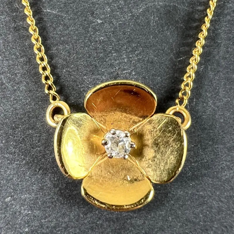 Discount Pamono Vintage French Quatrefoil Flower Pendant in 18 Karat Yellow Gold with Diamond, 1950s