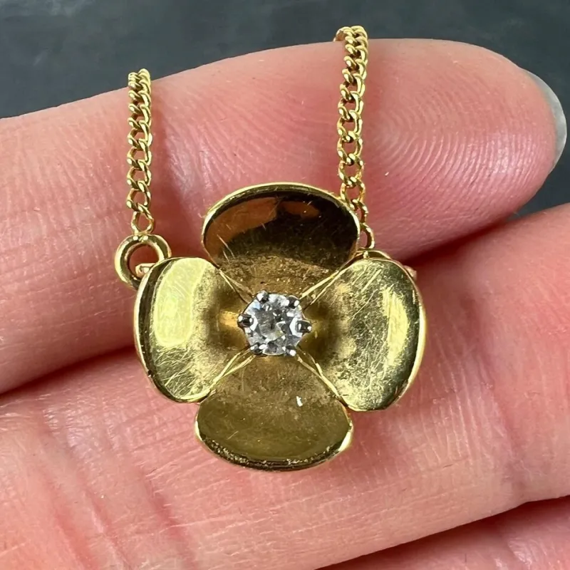 Discount Pamono Vintage French Quatrefoil Flower Pendant in 18 Karat Yellow Gold with Diamond, 1950s