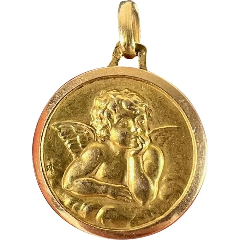 Pamono Vintage French Raphaels Cherub 18k Yellow Gold Medal Pendant, 1950s> Necklaces