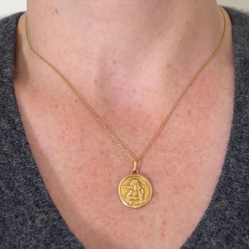 Pamono Vintage French Raphaels Cherub 18k Yellow Gold Medal Pendant, 1950s> Necklaces