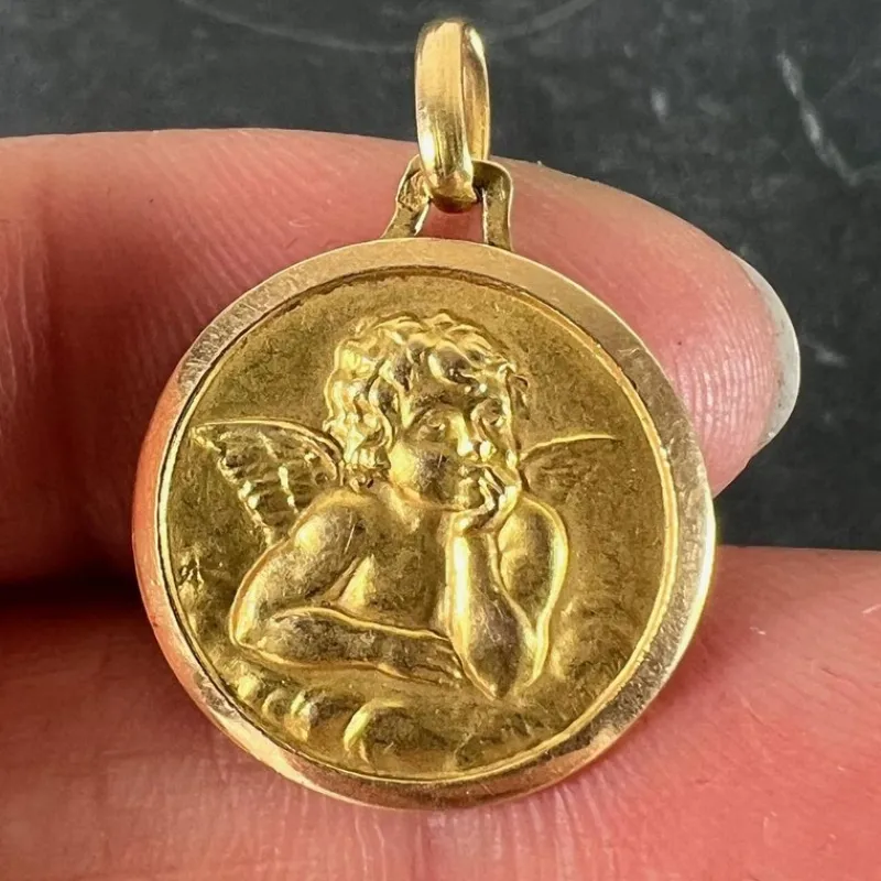 Pamono Vintage French Raphaels Cherub 18k Yellow Gold Medal Pendant, 1950s> Necklaces