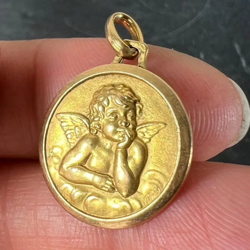 Pamono Vintage French Raphaels Cherub 18k Yellow Gold Medal Pendant, 1950s> Necklaces