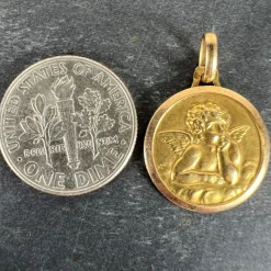 Pamono Vintage French Raphaels Cherub 18k Yellow Gold Medal Pendant, 1950s><noscript><img width=