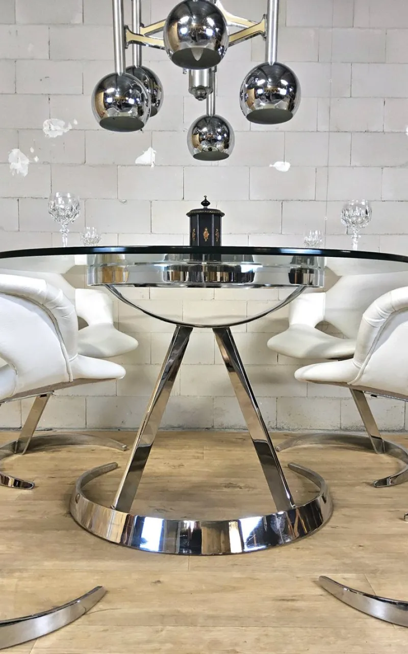 Pamono Vintage French Space Age Dining Table and Chairs by Boris Tabacoff, 1970s, Set of 5> Dining Tables & Sets