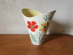 Pamono Vintage French Wide Neck Vase with Hand-Painted Flowers and Yellow Interior from Vallauris, 1960s> Vases