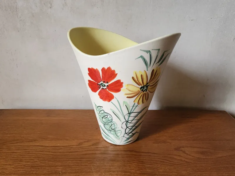 Pamono Vintage French Wide Neck Vase with Hand-Painted Flowers and Yellow Interior from Vallauris, 1960s> Vases
