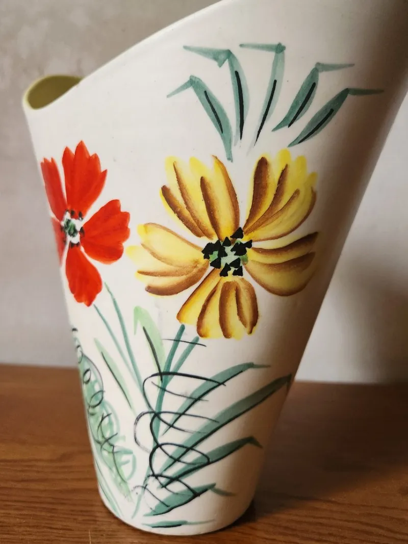 Pamono Vintage French Wide Neck Vase with Hand-Painted Flowers and Yellow Interior from Vallauris, 1960s> Vases