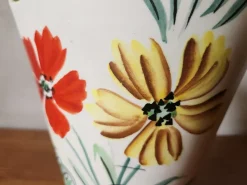Pamono Vintage French Wide Neck Vase with Hand-Painted Flowers and Yellow Interior from Vallauris, 1960s><noscript><img width=