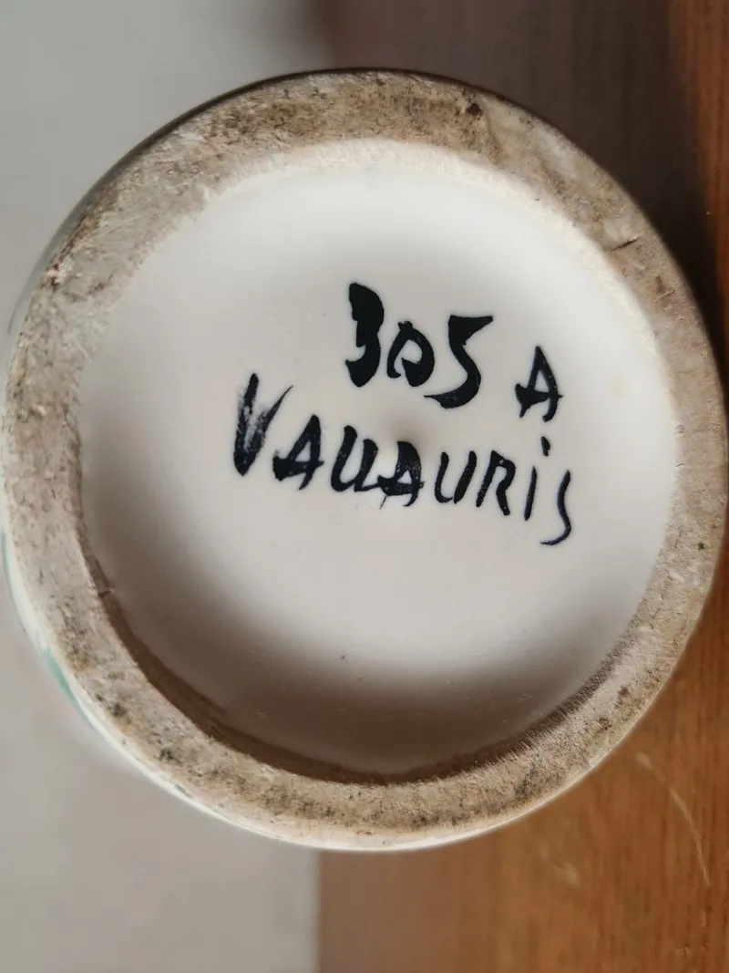 Pamono Vintage French Wide Neck Vase with Hand-Painted Flowers and Yellow Interior from Vallauris, 1960s> Vases