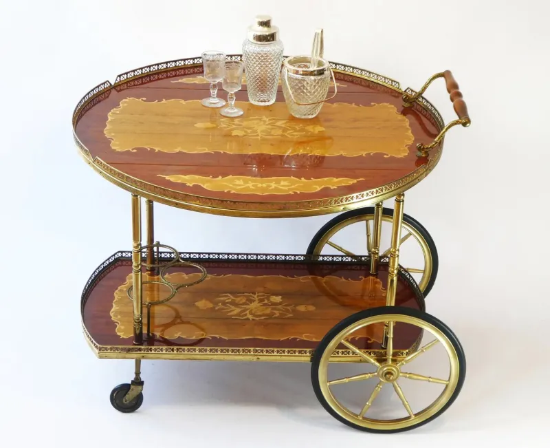Pamono Vintage German Bar Cart with Inlaid Marquetry