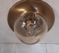 New Pamono Vintage German Ceiling Lamp with Slightly Tinted Ice Glass Shade on Brass Mount, 1990s