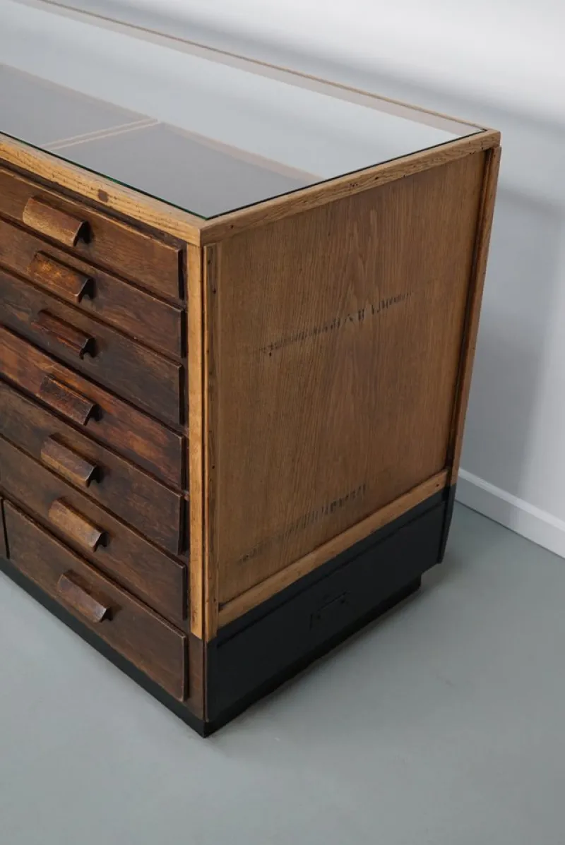 Pamono Vintage German Oak Glass Shop Counter Haberdashery Cabinet, 1950> Cabinets & Wardrobes