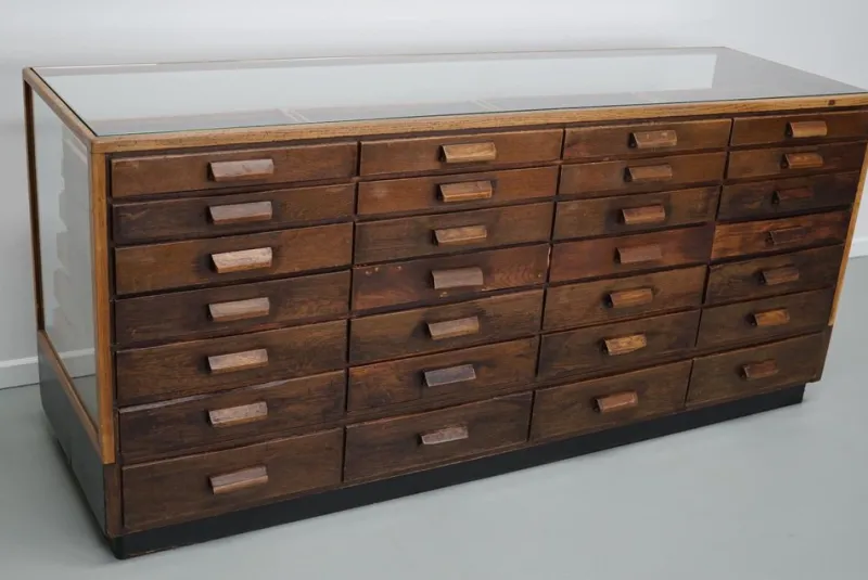 Pamono Vintage German Oak Glass Shop Counter Haberdashery Cabinet, 1950> Cabinets & Wardrobes