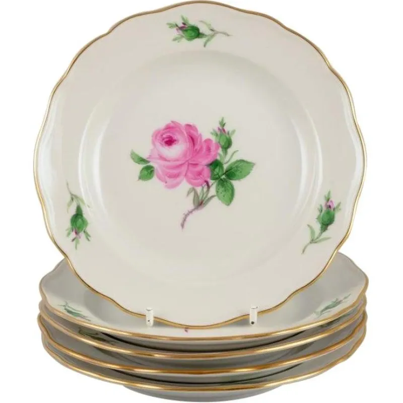 Pamono Vintage German Pink Rose Plates in Porcelain from Meissen, 1920s, Set of 5> Dinner Plates & Bowls