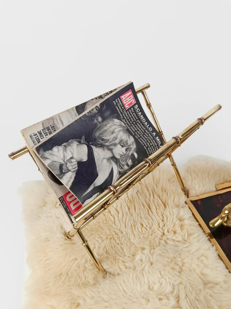 New Pamono Vintage Gilded Brass & Faux Bamboo Magazine Rack, Italy, 1960s