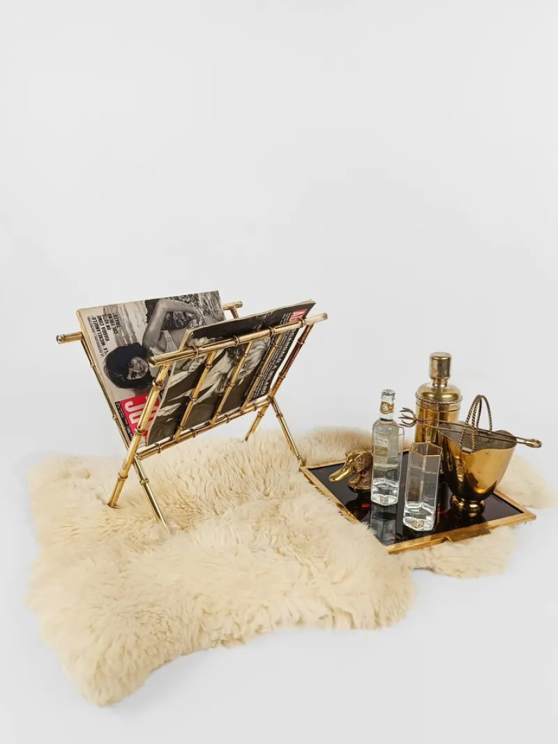 New Pamono Vintage Gilded Brass & Faux Bamboo Magazine Rack, Italy, 1960s