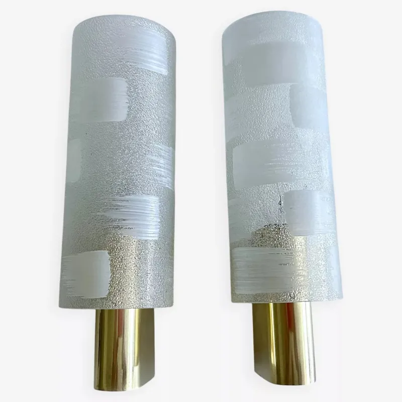 Pamono Vintage Glass and Brass Sconces, 1970s, Set of 2> Wall Lights & Sconces
