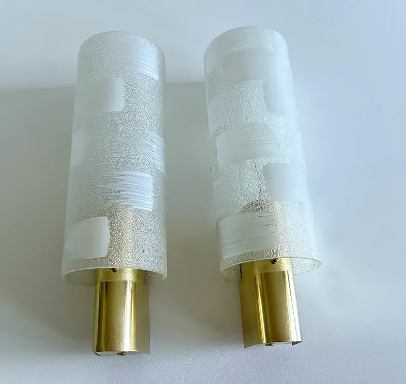 Pamono Vintage Glass and Brass Sconces, 1970s, Set of 2> Wall Lights & Sconces