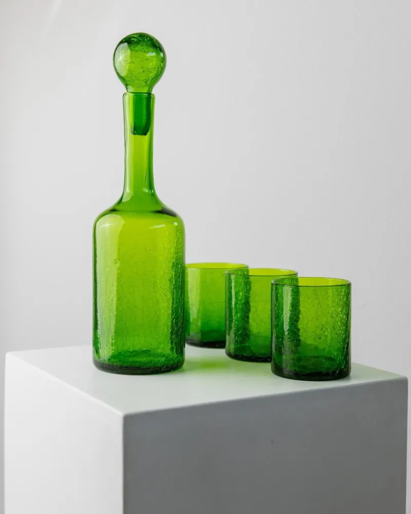 Pamono Vintage Green Crackle Murano Glass Decanter and Glasses, Italy, 1960s, Set of 4> Glassware