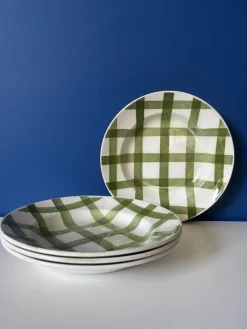 Pamono Vintage Green Square Soup Plates from the Moulin Des Loups Earthenware Factory, Set of 4> Dinner Plates & Bowls