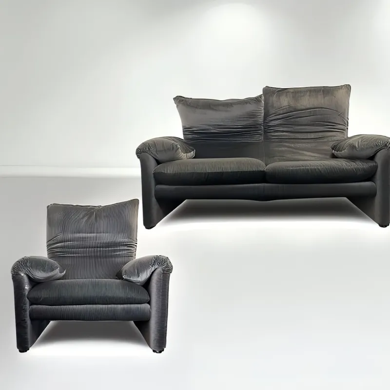 Outlet Pamono Vintage Grey Velvet Maralunga Sofa with Armchair by Vico Magistretti for Cassina, 1970s, Set of 2