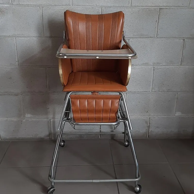 Online Pamono Vintage High Chair with Wheels in Chrome Metal and Faux Leather in Brown, 1960