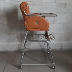 Online Pamono Vintage High Chair with Wheels in Chrome Metal and Faux Leather in Brown, 1960