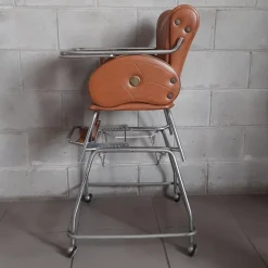 Online Pamono Vintage High Chair with Wheels in Chrome Metal and Faux Leather in Brown, 1960