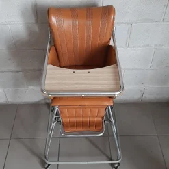 Online Pamono Vintage High Chair with Wheels in Chrome Metal and Faux Leather in Brown, 1960