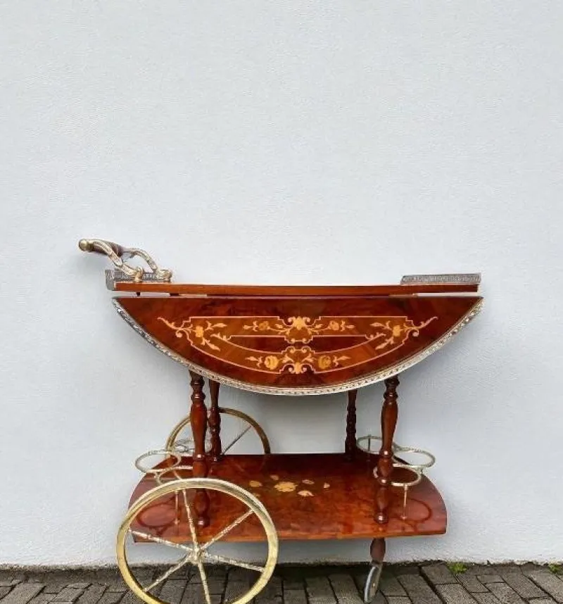 Pamono Vintage Hollywood Regency Italian Folding‑leaf Bar Cart in Wood & Brass, 1960s> Serving Bar Carts & Trolleys