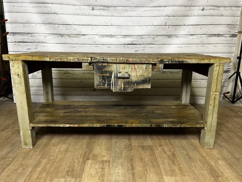 Pamono Vintage Industrial Workbench in Spruce> Worktables & Workbenches