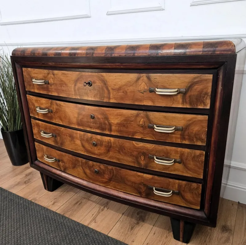 Pamono Vintage Italian Art Deco Burl Wood and Bronze Chest of Drawers by Paolo Buffa, 1940s> Dressers, Commodes & Chests