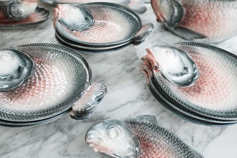 Pamono Vintage Italian Keramik Fish Service by R. Blanche, 1960s, Set of 16> Serving Dishes