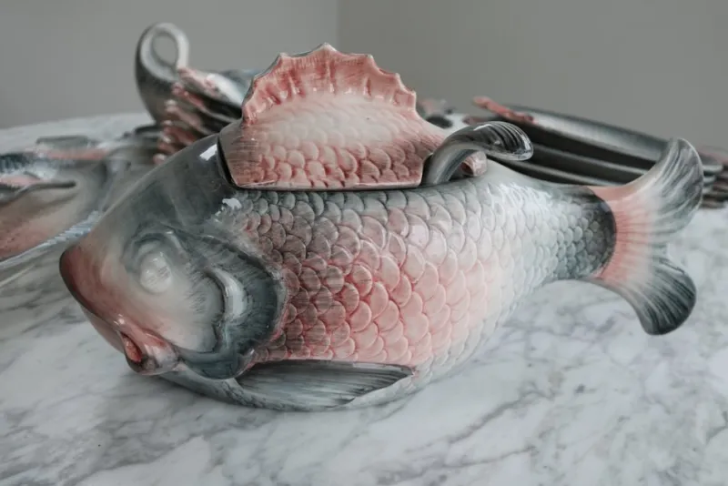 Pamono Vintage Italian Keramik Fish Service by R. Blanche, 1960s, Set of 16> Serving Dishes