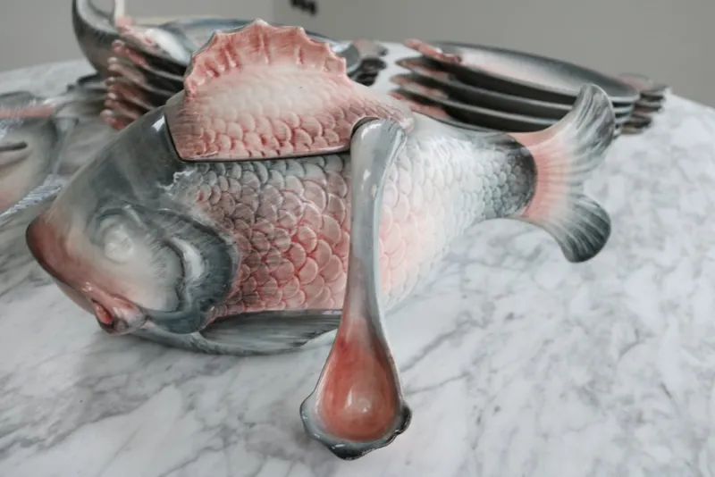 Pamono Vintage Italian Keramik Fish Service by R. Blanche, 1960s, Set of 16> Serving Dishes