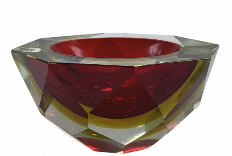 Pamono Vintage Italian Red and Yellow Faceted Glass Diamond Bowl by Flavio Poli, 1960s> Bowls